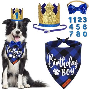 مستلزمات حفلة عيد ميلاد Adoggygo Dog ، Blue Plaid Boy Boy Dog Bandana ، قبعة Golden Pet Party مع أرقام ، Bowtie للحيوانات الأليفة الكبيرة المتوسطة (كبيرة)