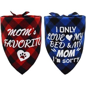 2 PCS Mothers Day Dog Bandana Plaid Triangle Dog Scarf Mom’s Favorite and I Only Love My Bed and My Mom I’m Sorry Pattern Red and Blue