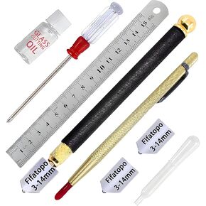 Glass Cutter 3mm-14mm, Glass Cutting Tool with Glass Cutting Oil,Aotomatic Oil Feed, Carbide Tip Scriber,Steel Ruler,3 Pencil Style Oil Feed Carbide Tip, for Mirrors/Tiles/Mosaic