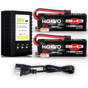 HOOVO 7.4V 70C 6200mAh 2S Lipo Battery Hard Case with Tracxas Plug for RC Car 2Pack Lipo Battery Charger 2S-3S Balance Charger