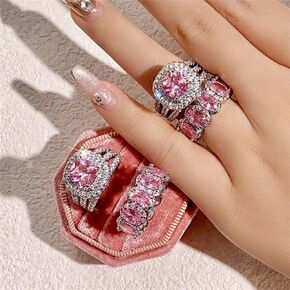 925 Sterling Silver Shiny Full Diamond Gemstone Ring 2PCS 18K Gold Pink Zirconia Promise Rings CZ Diamond Multi Row Ring Beatherity Complement Party Band Band Band Sets A.18 (US Code 5)