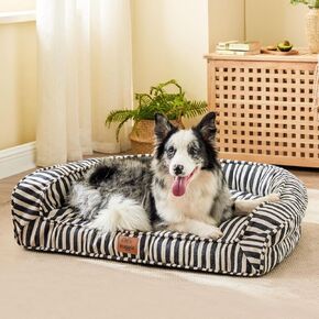 Dog Bed for Large Dogs, Waterproof Canvas Striped Big Pet Bed with Washable Removable Cover, 36x27x7inches (Size L)