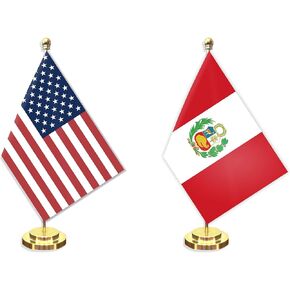 2 Pack Peru American Desk Small Flag Set ، 5 × 8 بوصات لافتة سطح المكتب المصغرة ، ديكور القطب الصلب 12 بوصة ، لافتة بوليستر رقمية صغيرة مع قاعدة ذهبية