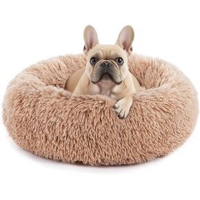 Sweetcrispy Calming Donut Dog & Cat Bed, Machine Washable Cuddle Warming Cozy Fluffy Faux Fur Plush Round Anti-Anxiety Waterproof Anti-Slip Pet Sleeping Sofa, Classic Brown, 20x20x8 inches