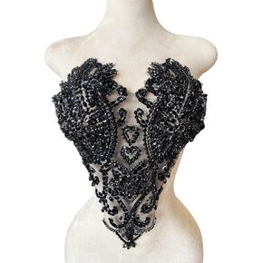 Handmade Black Shining Acrylic Rhinestones on lace Applique Sewing Beads Stones Trim Patches Accessories for Wedding Dress Multiple Design Styles (W19)