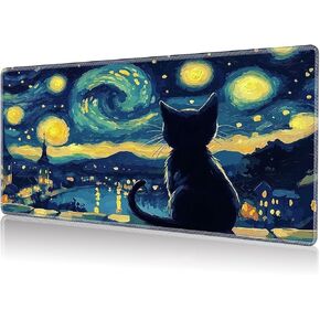 Playmat لـ MTG ، لعبة لعبة MAT Game تلعب 24 × 14 بوصة ماجيك الحصير القاعدة المطاطية غير المنقولة ومكتب موسيباد مُخيط مُحسّن من أجل MTG TCG ، Starry Night Black Cat