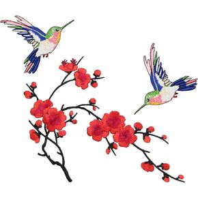 Ava Large Iron on Patches, Red Plum Blossom and Hummingbird Embroidered Patches for Clothes, Chinese Style Applique for Hats, Jeans, Backpacks, Decor for Happy and Hope