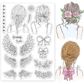 Globleland Angel Woman Wing Clear Stamp Wing and Bow Silicone Clear Stamp Lady and Head Flower Rubber Stamps for Scrapbook Journal Card
