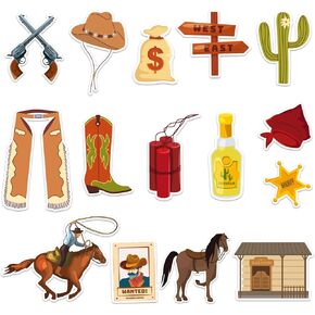 HAWER 60 PCS Westworld Cowboys Cutouts Bulletin Board Decorations Cactus Desert Horse Cutts Cardboard Cuttor Decoration مع نقاط الغراء لزخارف الفصول الدراسية Chalkboard