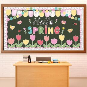 Hello Spring Bulletin Decorations Tulip Cetouts Pink Floral Bulletin Board Set Spring Classroom Decor