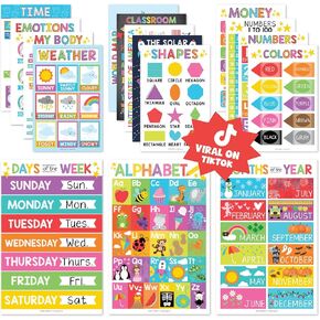 16 Educational Posters for Classroom Decor & Kindergarten Homeschool Supplies Baby to 3rd Grade Kids, Laminated PreK Learning Chart Materials – US & World Map, ABC Alphabet, Shapes, Days of the Week