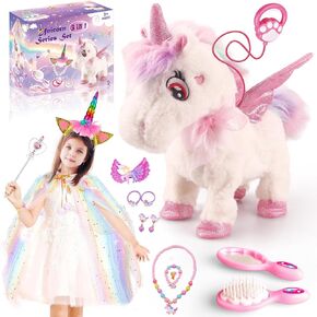 Dollox Electronic Unicorn Pets Toys for Girls Age 3-6, Interactive Walking Talking Unicorn Plush Horse with Remote Control, Toddler Unicorn Pretend Play Toy with Dress-Up Jewelry Set Kid Birthday Gift