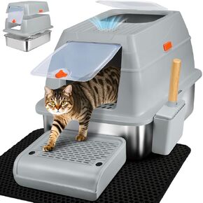 صندوق القمامة الفولاذ المقاوم للصدأ Szee ، مخرج XL Top Top Cat Metal Cat Box with Lid & Teprosure ، والتحكم في رائحة الفحم المنشط ، ولوحة القدم ، وحصيرة محاصرة ومغرفة (رمادي)