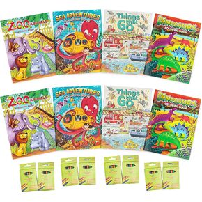 كتب التلوين اليومية 16pc حزمة - 8 كتب و 8 حزم من 8ct. الطباشير الملون - المغامرات ، الديناصورات ، الأشياء التي تذهب ، حديقة الحيوان ، الأطفال الذين تتراوح أعمارهم بين 3+