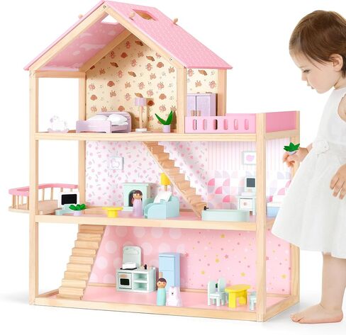 Wooden Dollhouse, Doll House with 38Pcs Furniture Accessories,3 Story Large Doll House, 6 Rooms Pretend Dollhouse, Gift for Girl Ages 3+ in Saudi Arabia