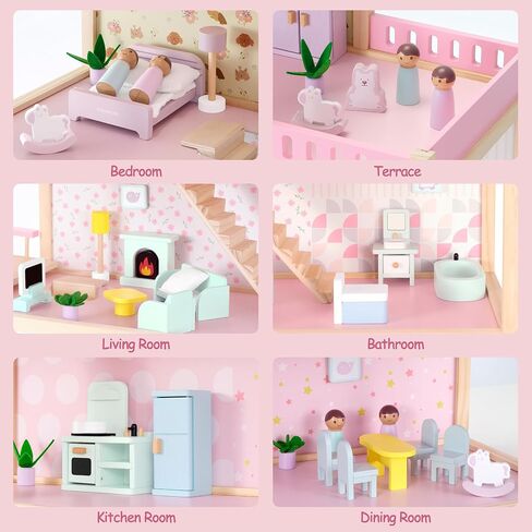 Wooden Dollhouse, Doll House with 38Pcs Furniture Accessories,3 Story Large Doll House, 6 Rooms Pretend Dollhouse, Gift for Girl Ages 3+ in Saudi Arabia