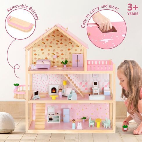 Wooden Dollhouse, Doll House with 38Pcs Furniture Accessories,3 Story Large Doll House, 6 Rooms Pretend Dollhouse, Gift for Girl Ages 3+ in Saudi Arabia
