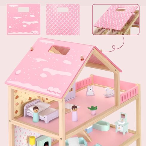 Wooden Dollhouse, Doll House with 38Pcs Furniture Accessories,3 Story Large Doll House, 6 Rooms Pretend Dollhouse, Gift for Girl Ages 3+ in Saudi Arabia