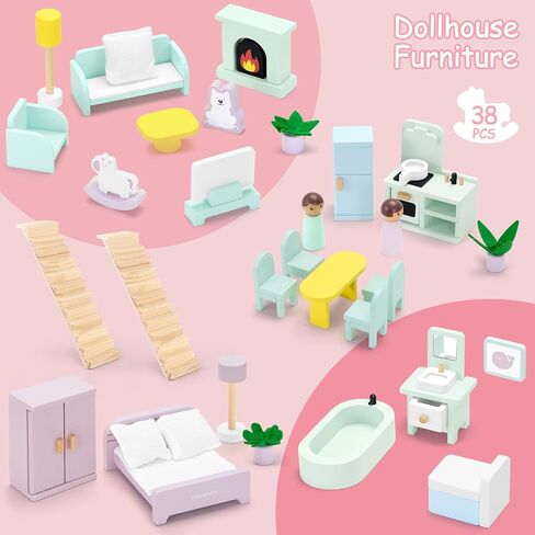Wooden Dollhouse, Doll House with 38Pcs Furniture Accessories,3 Story Large Doll House, 6 Rooms Pretend Dollhouse, Gift for Girl Ages 3+ in Saudi Arabia