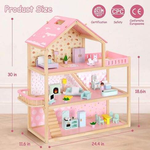 Wooden Dollhouse, Doll House with 38Pcs Furniture Accessories,3 Story Large Doll House, 6 Rooms Pretend Dollhouse, Gift for Girl Ages 3+ in Saudi Arabia