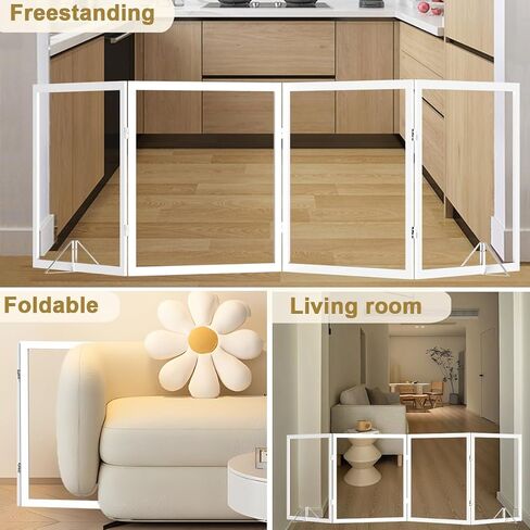 DEARBB Acrylic Clear Dog Gate 72in W x 31.5in H Wooden Freestanding Foldable Transparent Pet Gate,Step Over Fence for House Interior Stairs, Doorways, Hallways,3 Panel in Saudi Arabia
