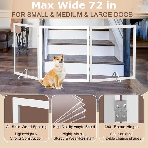 DEARBB Acrylic Clear Dog Gate 72in W x 31.5in H Wooden Freestanding Foldable Transparent Pet Gate,Step Over Fence for House Interior Stairs, Doorways, Hallways,3 Panel in Saudi Arabia