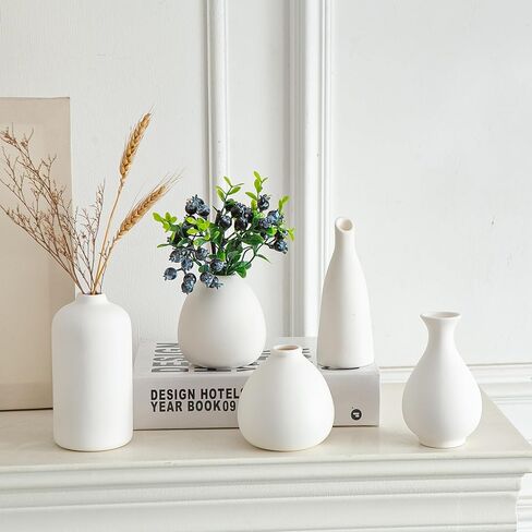 Glazed Rustic Bud Vase Set of 4 - Small Ceramic Mini Pottery Vases in White, Yellow, Green, Red - Ideal for Fresh & Dried Flowers - Modern Farmhouse Décor for Living Room, Shelves, Dining Table in Saudi Arabia