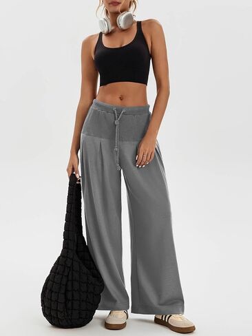 Tankaneo Womens Pleated Wide Leg Sweatpants Baggy Drawstring High Waisted Pants Casual Comfy Palazzo Lounge Pants in Saudi Arabia