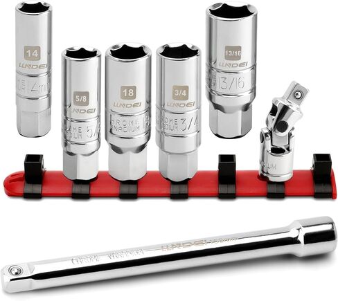 LLNDEI 3/8-Inch Drive Spark Plug Socket Set 7PCS, SAE & Metric, 5/8-inch, 3/4-inch, 13/16-inch, 14mm, 18mm, CR-V Steel Mirror Finish Sockets with Rubber Retaining Rings, Universal Joint, Extension Bar in Saudi Arabia