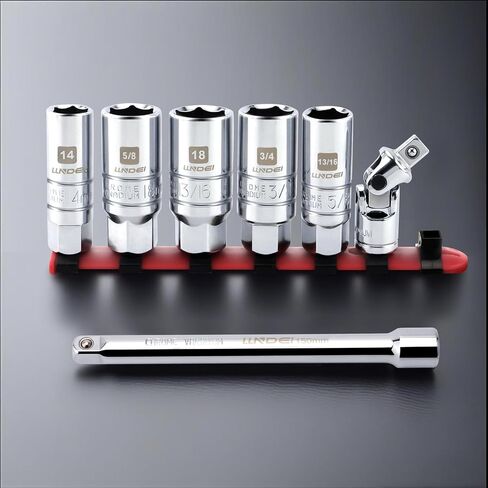 LLNDEI 3/8-Inch Drive Spark Plug Socket Set 7PCS, SAE & Metric, 5/8-inch, 3/4-inch, 13/16-inch, 14mm, 18mm, CR-V Steel Mirror Finish Sockets with Rubber Retaining Rings, Universal Joint, Extension Bar in Saudi Arabia