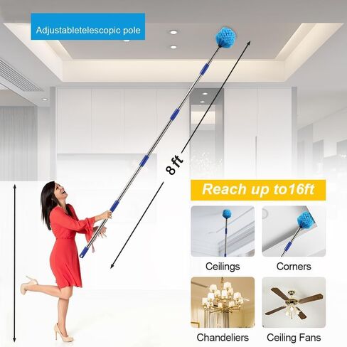 Cobweb Duster with Extension Pole, Featuring Medium Stiff Bristles and a 72 Inch Stainless Steel Pole, Ideal for Ceiling Fan Cleaning Both Indoors and Outdoors in Saudi Arabia