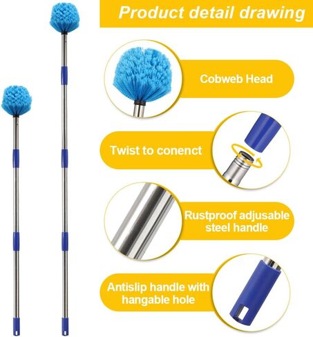 Cobweb Duster with Extension Pole, Featuring Medium Stiff Bristles and a 72 Inch Stainless Steel Pole, Ideal for Ceiling Fan Cleaning Both Indoors and Outdoors in Saudi Arabia
