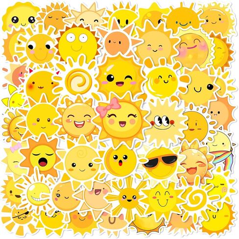 Sunshine Stickers Pack - 50 Cute Cartoon Suns for Kids, Water Bottles, Laptops, Scrapbooks & Parties (Waterproof) in Saudi Arabia