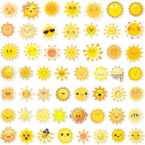 Sunshine Stickers Pack - 50 Cute Cartoon Suns for Kids, Water Bottles, Laptops, Scrapbooks & Parties (Waterproof) in Saudi Arabia