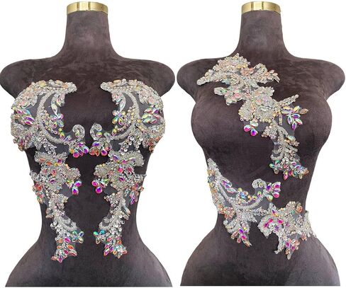 Handmade Rhinestones on Lace Applique Trim Sewing Beads Sequins Trim Patches for Wedding Dress Accessories 1Pair/Bag (Clear AB) in Saudi Arabia