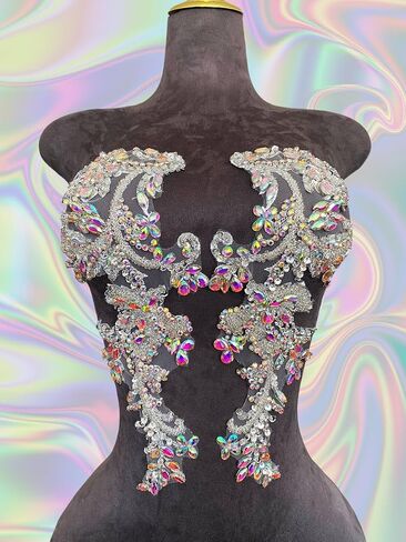 Handmade Rhinestones on Lace Applique Trim Sewing Beads Sequins Trim Patches for Wedding Dress Accessories 1Pair/Bag (Clear AB) in Saudi Arabia