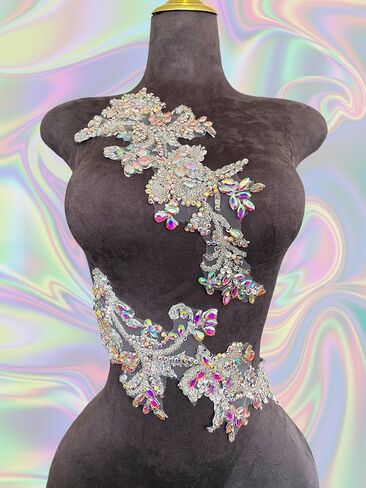 Handmade Rhinestones on Lace Applique Trim Sewing Beads Sequins Trim Patches for Wedding Dress Accessories 1Pair/Bag (Clear AB) in Saudi Arabia