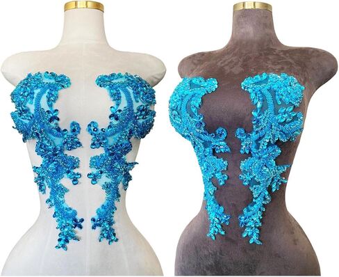 Handmade Rhinestones on Lace Applique Trim Sewing Beads Sequins Trim Patches for Wedding Dress Accessories 1Pair/Bag (Clear AB) in Kuwait