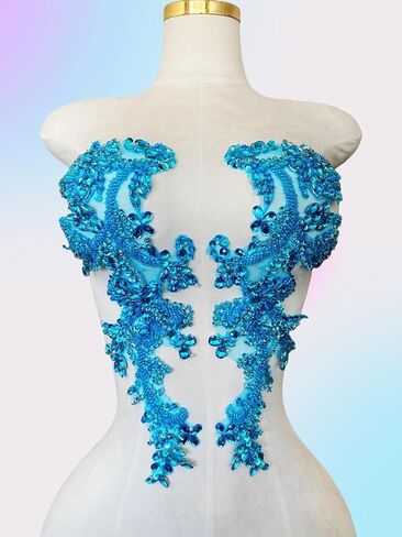 Handmade Rhinestones on Lace Applique Trim Sewing Beads Sequins Trim Patches for Wedding Dress Accessories 1Pair/Bag (Clear AB) in Kuwait