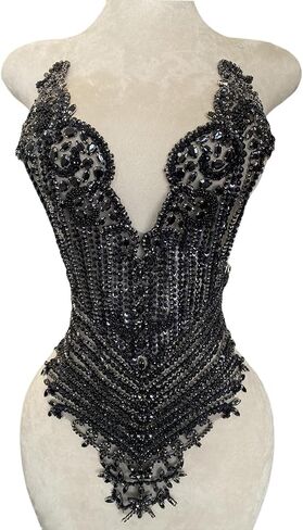 Handmade Black Shining Acrylic Rhinestones on lace Applique Sewing Beads Stones Trim Patches Accessories for Wedding Dress Multiple Design Styles (W19) in Saudi Arabia