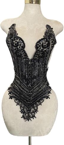 Handmade Black Shining Acrylic Rhinestones on lace Applique Sewing Beads Stones Trim Patches Accessories for Wedding Dress Multiple Design Styles (W19) in Saudi Arabia