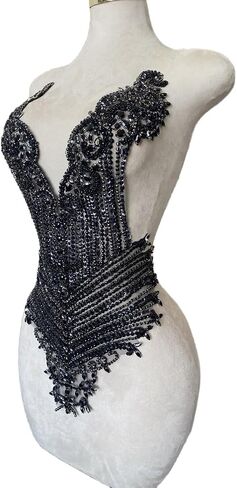 Handmade Black Shining Acrylic Rhinestones on lace Applique Sewing Beads Stones Trim Patches Accessories for Wedding Dress Multiple Design Styles (W19) in Saudi Arabia