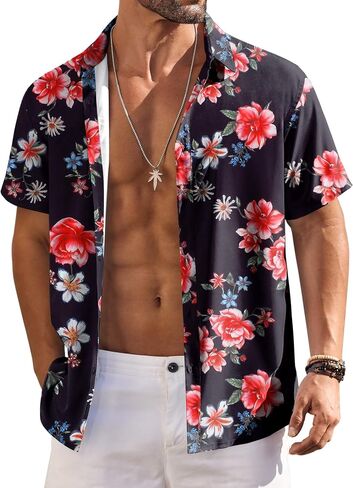 COOFANDY Mens Hawaiian Shirts Short Sleeve Floral Button Down Shirt Tropical Casual Summer Beach Shirts in Saudi Arabia