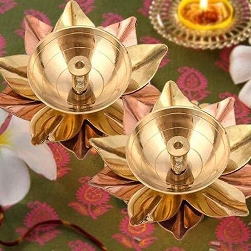 athizay Brass Diya Set Pack of 2 for Pooja Virgin Brass Indian diyas | Oil lamp Sets for Gifting | Home Decor Brass vilakku Set (Kuber Diya Set 2) in Saudi Arabia