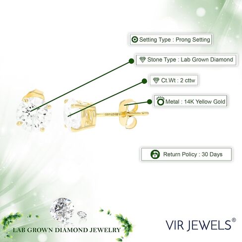 1/2 to 2 Carat Lab Grown Diamond Stud Earrings 14K Yellow Gold VS1 Clarity for Women in Round Prong Set in Saudi Arabia