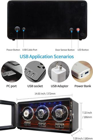 Oryx 3 لفافات ساعة للساعات الأوتوماتيكية، صندوق ساعة خشبي دوار، 15 وضعية دوران، علبة عرض مع ضوء LED، تعمل بالبطارية أو محرك Mabuchi فائق الهدوء يعمل بمنفذ USB in Kuwait