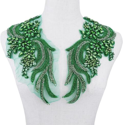 1 Pair Hand-Made Beaded Rhinestons DIY Clothing Appliques Patch Flower Applique Patch for Wedding Dress Decoration (Green) in Saudi Arabia