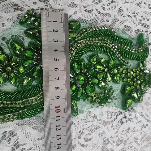 1 Pair Hand-Made Beaded Rhinestons DIY Clothing Appliques Patch Flower Applique Patch for Wedding Dress Decoration (Green) in Saudi Arabia