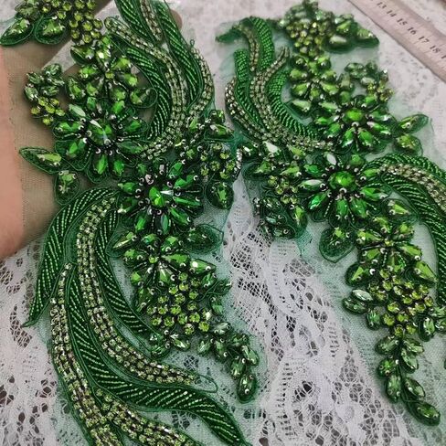 1 Pair Hand-Made Beaded Rhinestons DIY Clothing Appliques Patch Flower Applique Patch for Wedding Dress Decoration (Green) in Saudi Arabia