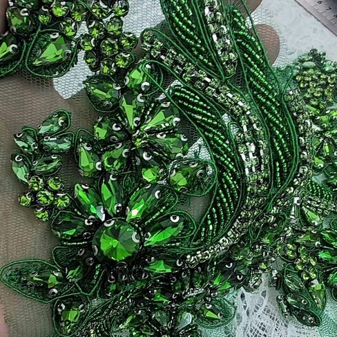 1 Pair Hand-Made Beaded Rhinestons DIY Clothing Appliques Patch Flower Applique Patch for Wedding Dress Decoration (Green) in Saudi Arabia